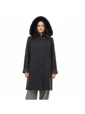 Vtg Italian made grey green wool blend LODEN coat removable fur trim hood EU 38